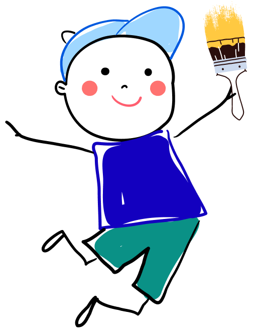 Cartoon drawing of a smiling child wearing a blue shirt, teal shorts, and a blue cap, jumping whilst holding a paintbrush with yellow paint—capturing the joyful spirit of Galway’s Sick Kids.