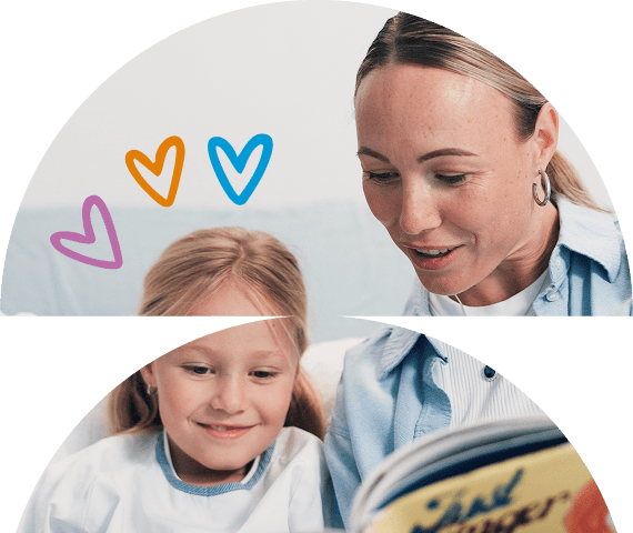 An adult and a child smile whilst reading a book together, capturing a heartwarming moment inspired by Galway Sick Kids. Three colourful heart doodles appear in the background, suggesting warmth and affection.