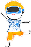 Cartoon of a smiling child with orange hair wearing a blue virtual reality headset, blue shirt, and orange shorts, standing on one leg with arms raised playfully—capturing the joyful spirit of the Galways Sick Kids.
