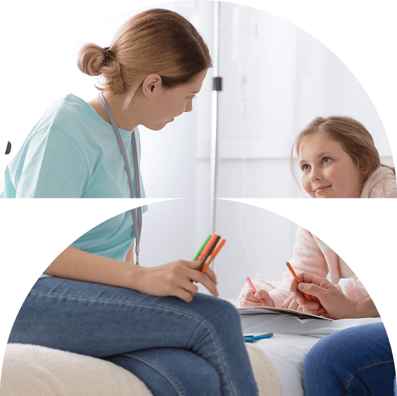 A woman and a young girl sit together, holding coloured markers and talking whilst drawing or writing in a notebook—sharing smiles and creativity in support of Galways Sick Kids.