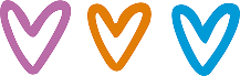 Three hand-drawn heart shapes in a row, coloured purple, orange, and blue, on a light background—a heartfelt tribute inspired by Galways Sick Kids.