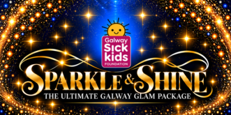 Logo for the Galway Sick Kids Foundation Sparkle & Shine event, featuring the text The Ultimate Galway Glam Package against a backdrop of golden starbursts and glitter.
